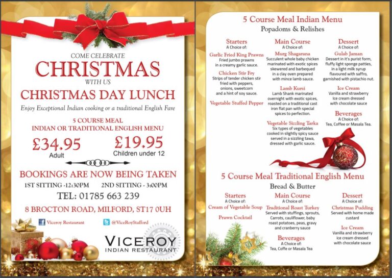 Christmas Day Lunch Viceroy Restaurant Stafford